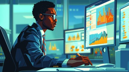 An office analyst is deeply focused on his computer screen, using artificial intelligence to analyze data and make business decisions