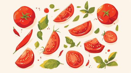 A sketched composition of ripe tomato slices and ba