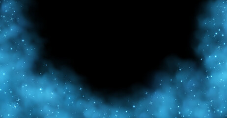 Blue magic smoke with stars and sparkles, fog with glowing particles, colorful vapor with star dust. Fantasy haze background. Vector illustration. © Likanaris