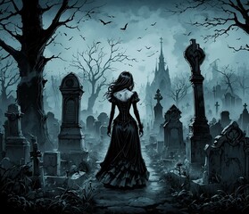 Illustration of a woman in black dress wandering in the cemetery, AI Generative