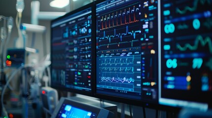 Fototapeta premium The image shows a patient's vital signs being monitored on a hospital monitor. The monitor is displaying the patient's heart rate, blood pressure, and other vital signs.