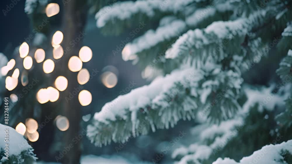 Poster snow-covered pine tree with lights generative ai