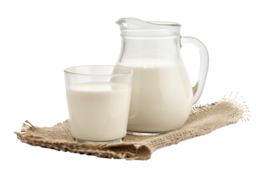  whole milk in a jug and a glass isolated on  transparent background