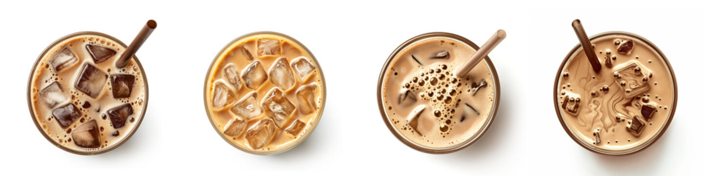 set of glass of ice coffee isolated on transparent background from top view 