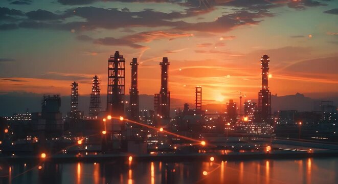 This striking image depicts a complex interconnected supply chain tracking system powered by blockchain technology The cityscape in the background suggests an urban industrial setting with