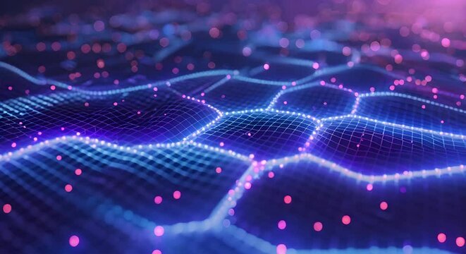This visually captivating image showcases an intricate blockchain visualization Intricate hexagonal structures in shades of vibrant blue and purple are interconnected with data streams and digital