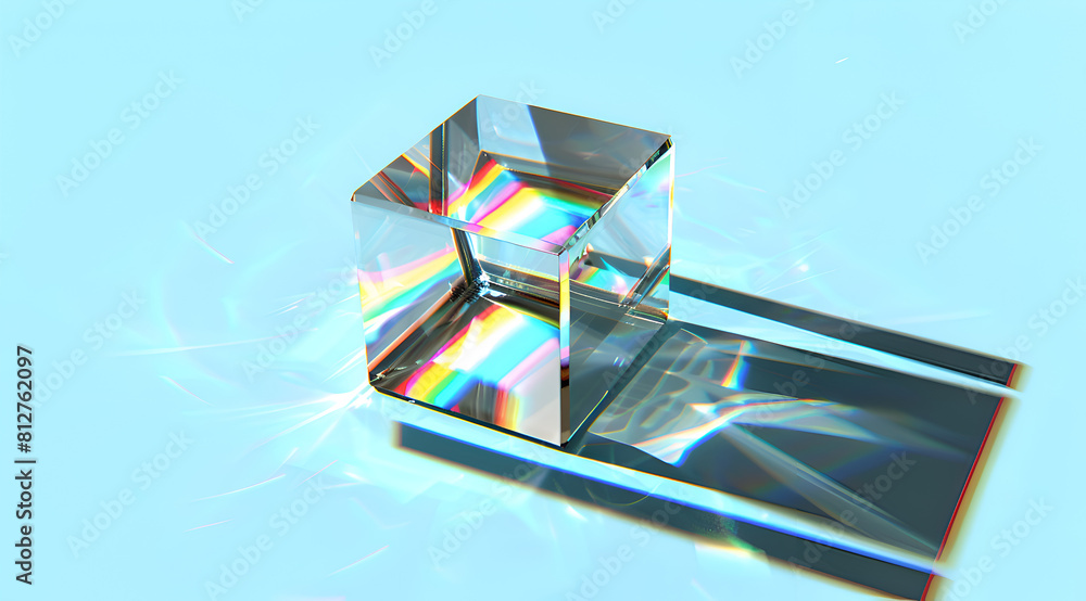 Poster a cube is reflected in the water, creating a rainbow effect. the image has a dreamy, ethereal qualit