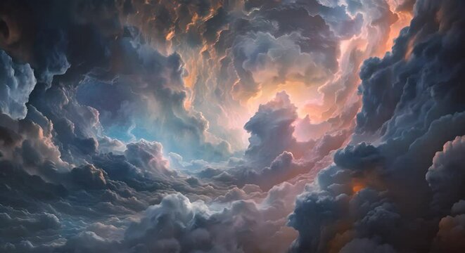 This striking digital depicts an expansive dreamlike landscape of dynamic cloud formations evoking a sense of technological grandeur The visually captivating scene blends elements of the natural