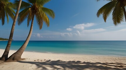 Fototapeta premium Summer Vacation Retreat on Blue Beach Horizon,coastal scenery, tropical escape, palm-fringed beach, sunny paradise, tranquil waters 