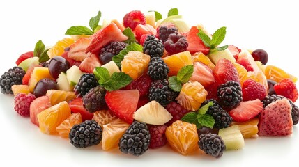 Colorful and delicious fruit salad made with fresh strawberries, blueberries, blackberries, oranges, and apples.