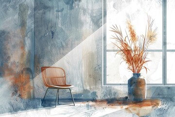 A painting of a chair and a vase in front of a window. Suitable for interior design concepts