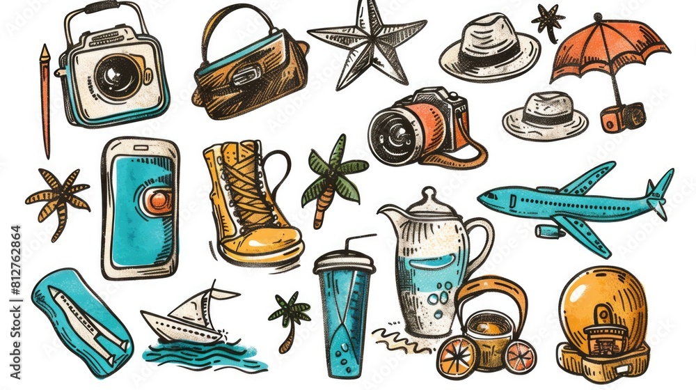 Poster assorted items arranged on a white background, suitable for a variety of projects