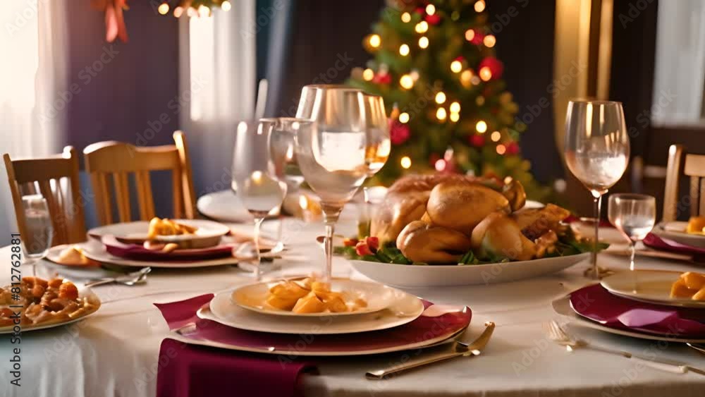 Aufkleber festive christmas table setting with turkey and tree generative ai