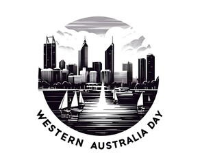 Obraz premium Black and white illustration for western australia day with a perth skyline and sailboats. 
