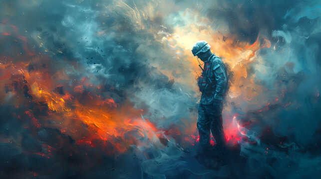 Creative illustration of a soldier with Post-Traumatic Stress Disorder (PTSD). Mental disorder concept.
