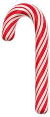 Sweet caramel candy Christmas cane isolated on white background. Red, gold Striped mint lollipop in christmas colors. 3d png illustration.