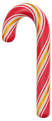 Sweet caramel candy Christmas cane isolated on white background. Red, gold Striped mint lollipop in christmas colors. 3d png illustration.