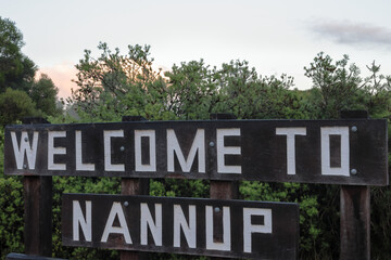 Welcome to Nannup wooden sign post. Tourism and event hotspot, South West, Western Australia. Host...
