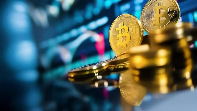 a gold coin  and  a bitcoin  on top of  an exchange chart