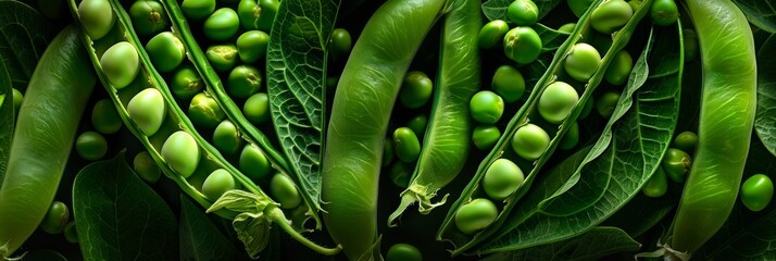 Fototapeta premium Close-up Shot Capturing the Vibrant Green Texture of Fresh Peas in Their Pods, Perfect for Backgrounds and Wallpapers