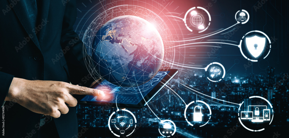 Poster cyber security and digital data protection concept. icon interface showing secure firewall technolog