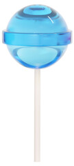 Round colorful blue sweet lollipops isolated on white background. 3d realistic, colored sugar candies on stick. 3D png illustration.