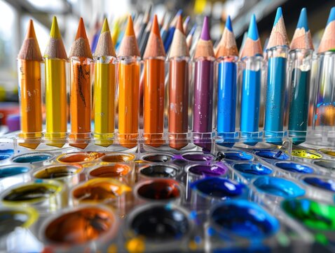 Color pencils and watercolor paints in rainbow order.