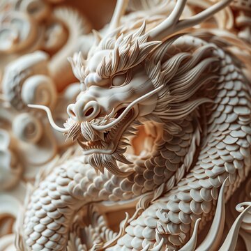 Fantasy scene with a dragon statue guarding a building adorned with a dragon image