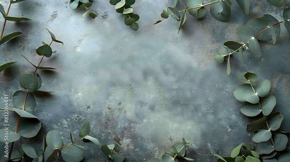 Poster Eucalyptus leaves on stone table Frame made of eucalyptus branches Flat lay top view copy space : Generative AI