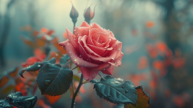 Pink rose in the rain with blurred background.