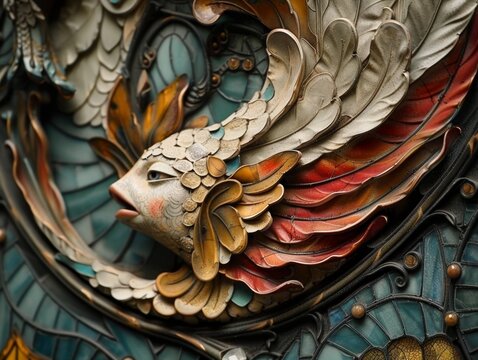 A beautiful and intricate metal wall sculpture of a woman with flowing hair and feathered wings.