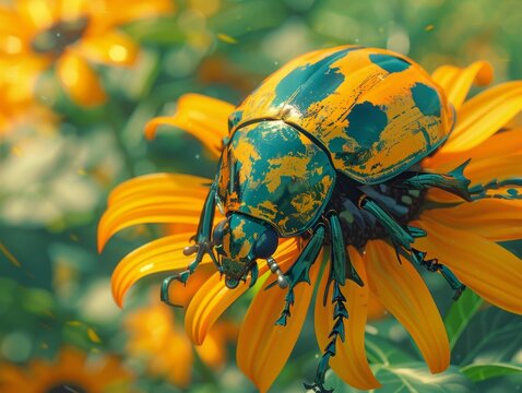 A beautiful closeup of a green and yellow spotted beetle on a bright yellow flower.