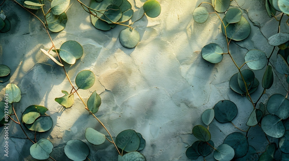 Poster Green eucalyptus leaves on stone table Frame made of eucalyptus branches Flat lay top view copy space : Generative AI