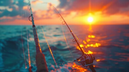 Deep sea fishing adventure with rods ready at dawn.