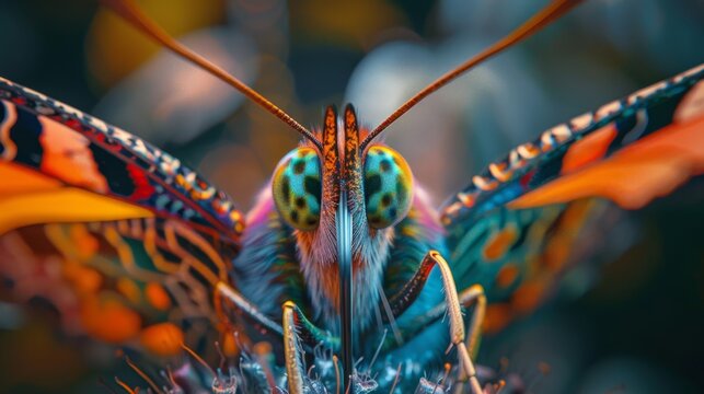 Amazing close-up of a butterfly's head, showing its eyes, wings and antennae.
