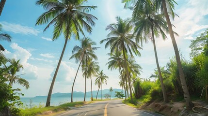 Beautiful beaches road and coconut trees in Thailand : Generative AI