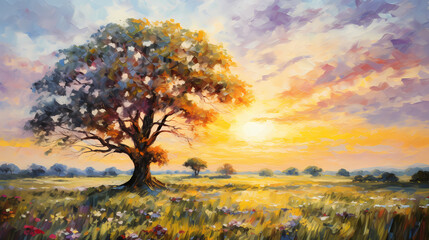solitary oak tree in a meadow under the summer setting sun oil painting abstract decorative painting