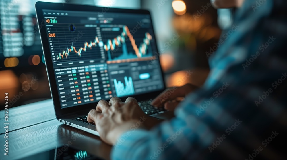 Poster businessmen use computers to analyze performance statements