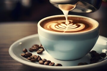 A stylish coffee barista crafting intricate latte art on the surface of a velvety cappuccino, using frothy milk and rich espresso