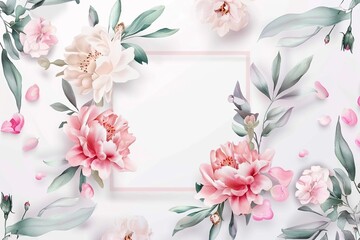 Pre made templates collection, frame - cards with pink flower bouquets, leaf branches. Wedding ornament concept. Floral poster, invite. Greeting card, invitation design background, birthday party.