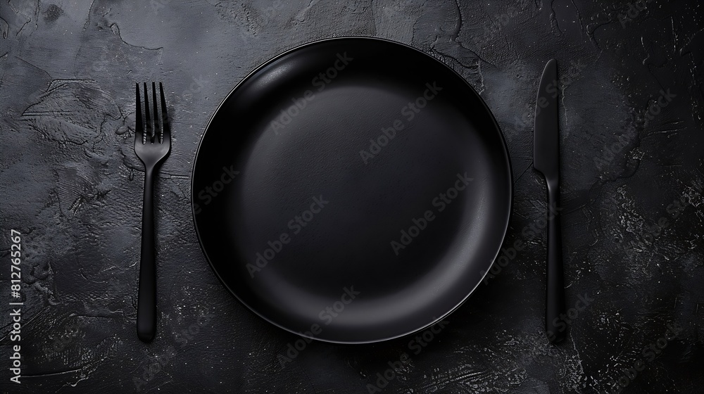 Fototapete black empty plate and cutlery fork and knife on a dark textured background mockup concept for the de