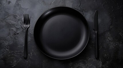 black empty plate and cutlery fork and knife on a dark textured background Mockup concept for the design of a restaurant menu website or design long panoramic layout central compositio : Generative AI