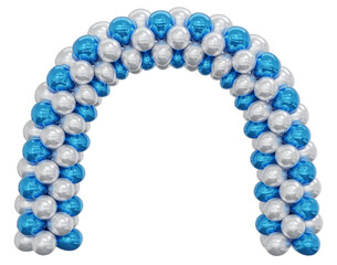 3D render balloon arch entrance. White, blue Balloons in the Shape of an Arc, Gate, or Portal on a white background. 3d png illustration.