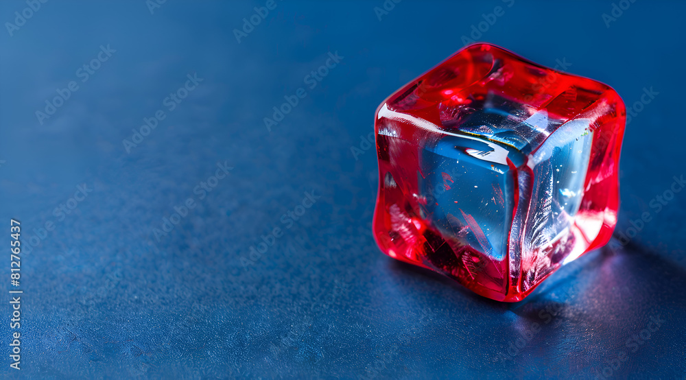 Poster a red cube of ice sits on a blue surface. generative ai