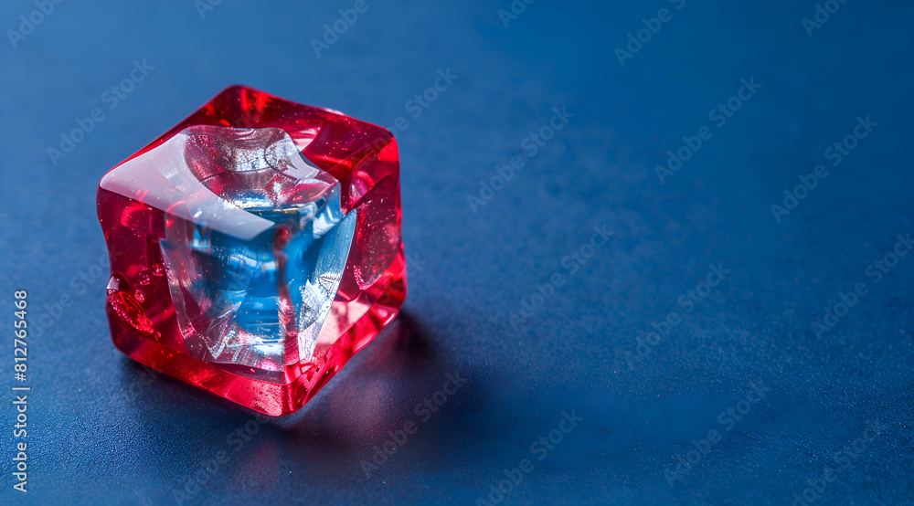 Poster a red cube of ice sits on a blue surface. generative ai