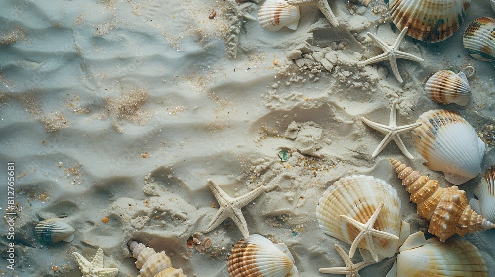 Poster sea sand with starfish and shells top view with copy space : generative ai