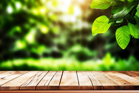 Empty wooden table with leaves, blurred green background	