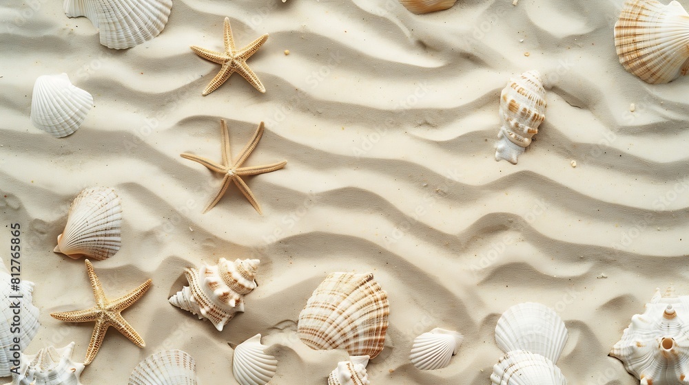 Poster top view of a sandy beach texture with imprints of exotic seashells and starfish as natural textured