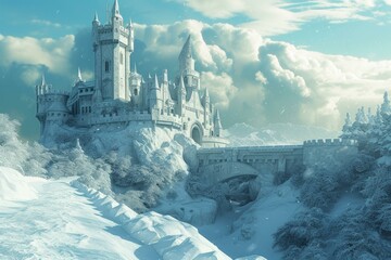 Majestic fairytale castle amidst a serene winter wonderland with a bridge and fluffy clouds