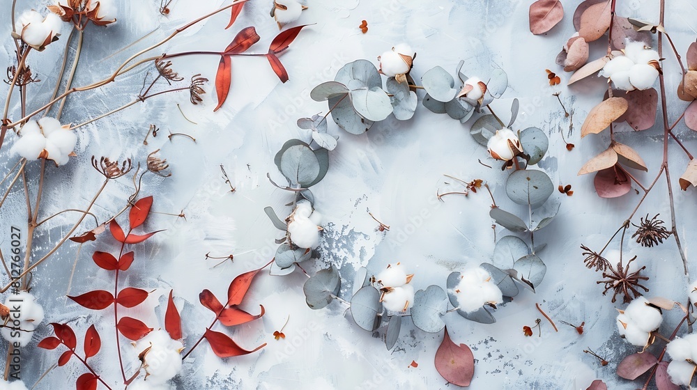 Poster autumn composition wreath made of eucalyptus branches cotton flowers dried leaves on pastel gray bac